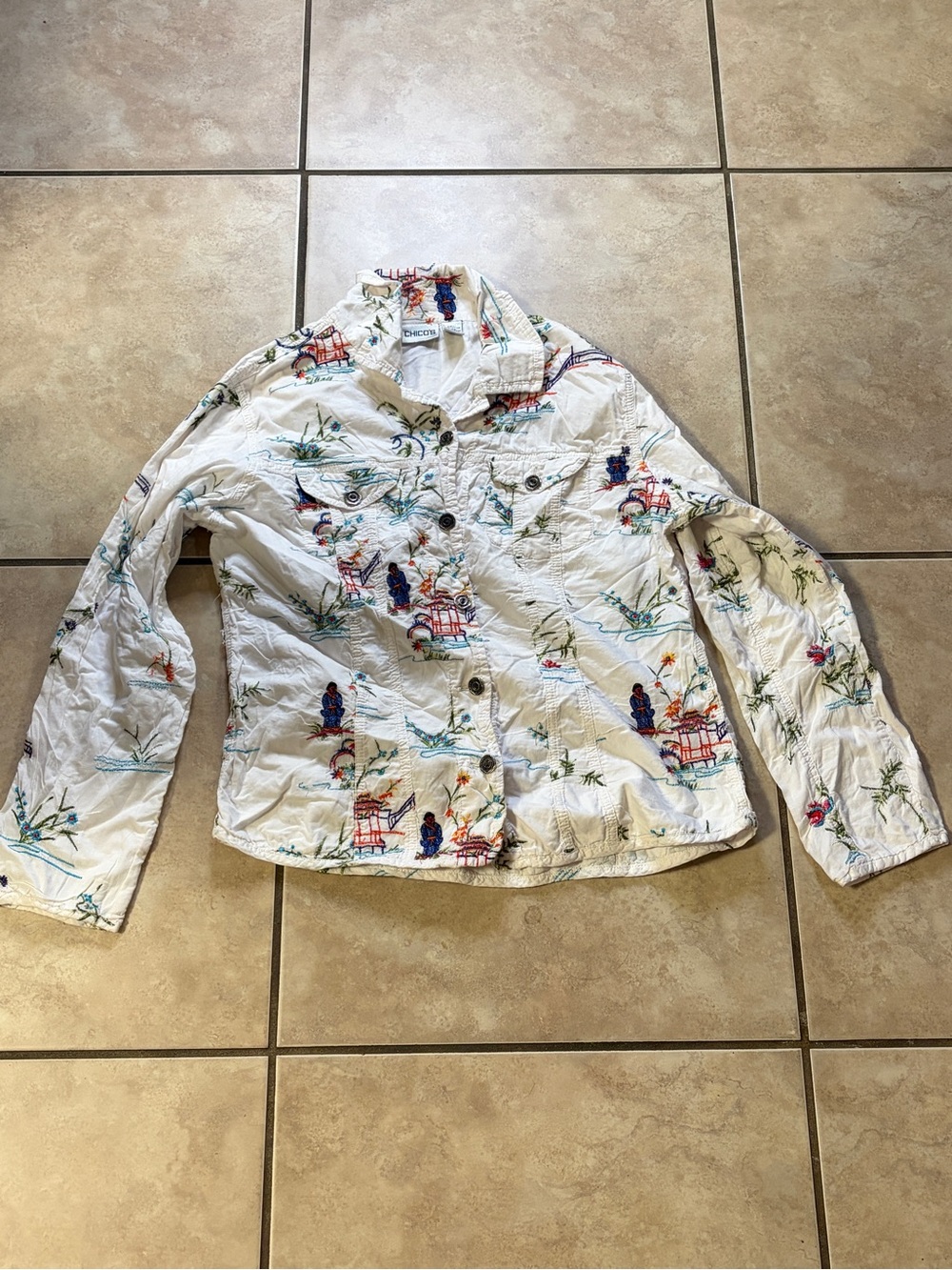 Chico's White Scenic Print Cotton Jacket